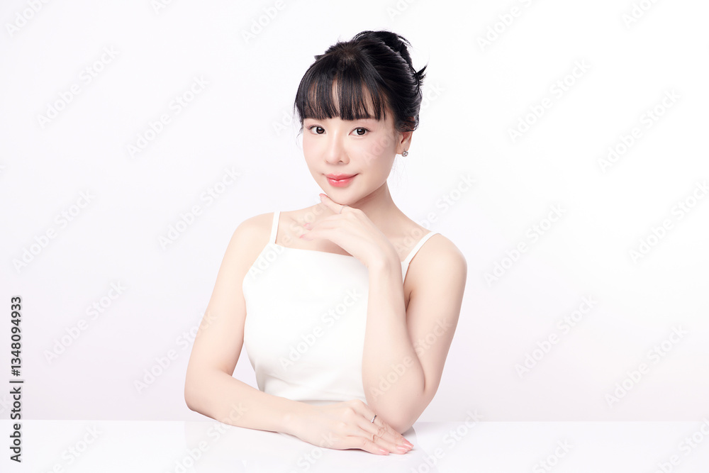 A beautiful young Asian woman with clean, fresh skin against a white background. Skincare, facial treatment, cosmetology, beauty, and spa. An elegant portrait of an Asian woman. A beautiful young Asian woman with clean, fresh skin against a white background. Skincare, facial treatment, cosmetology, beauty, and spa. An elegant portrait of an Asian woman.
