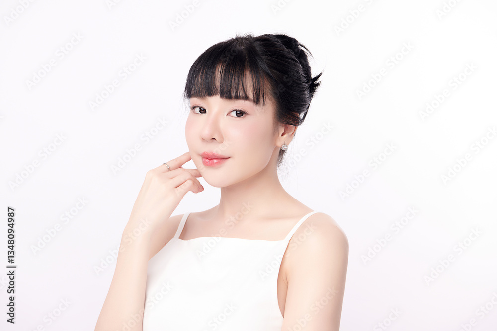 A beautiful young Asian woman with clean, fresh skin against a white background. Skincare, facial treatment, cosmetology, beauty, and spa. An elegant portrait of an Asian woman. A beautiful young Asian woman with clean, fresh skin against a white background. Skincare, facial treatment, cosmetology, beauty, and spa. An elegant portrait of an Asian woman.