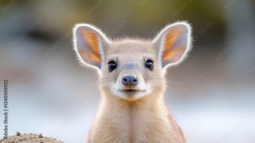 Fototapeta premium Close-up of a young, curious mammal. A fawn-colored creature with large ears, looking directly at the camera