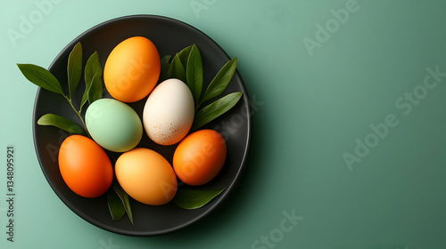Elegant Easter Table Setting with Pastel Colored Eggs and Greenery
