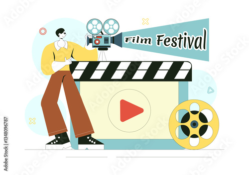 Film Festival Vector Illustration Featuring Cinematography and the Process of Shooting Movies and Films in a Studio with Camera and Filmstrip