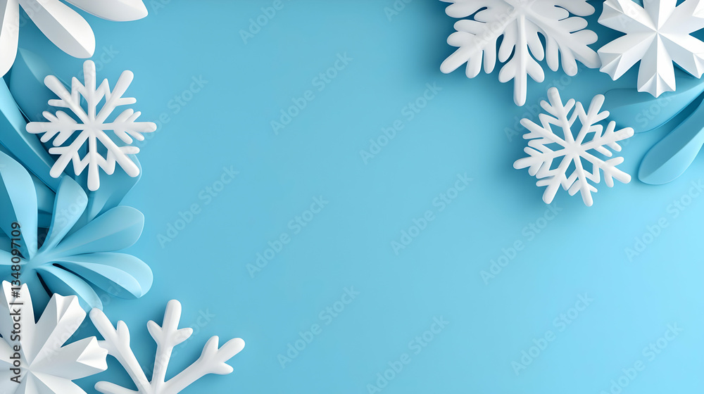 Festive White Paper Snowflakes Frame on Light Blue Background Festive White Paper Snowflakes Frame on Light Blue Background