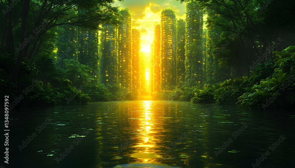 Fototapeta premium Lush city hidden in a vibrant forest