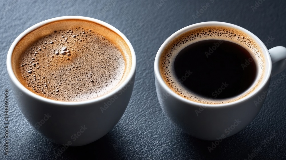 Fototapeta premium Two espresso cups of coffee on dark surface