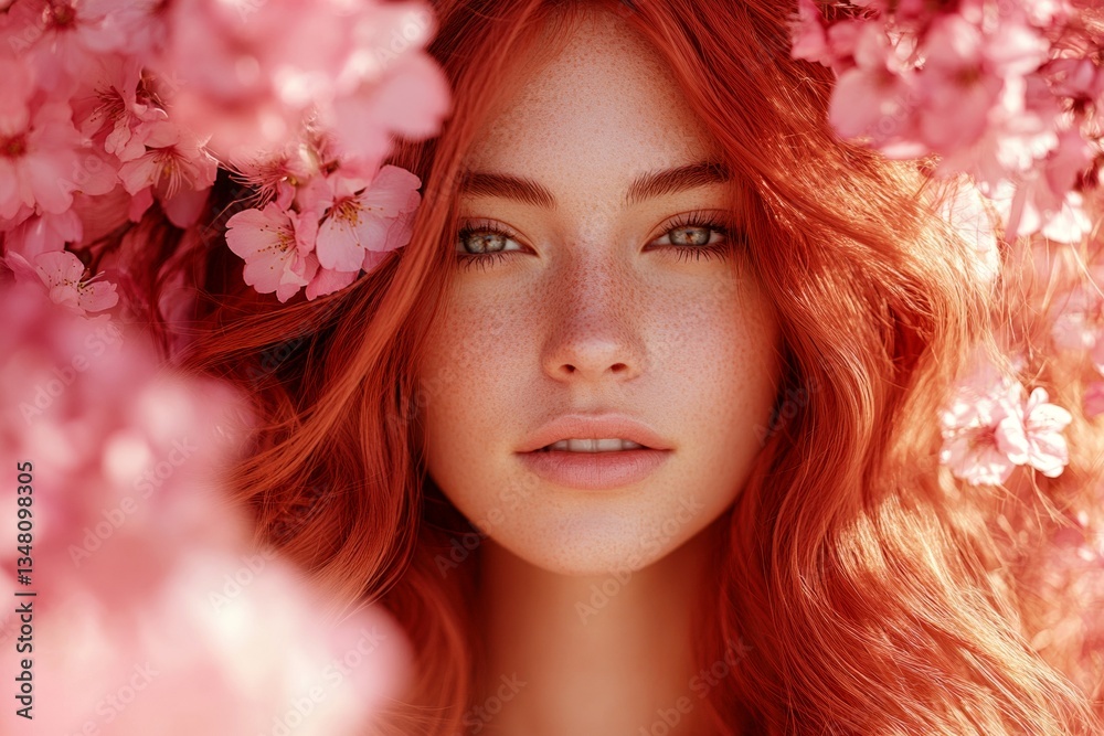 Naklejka premium Commercial idea art. Spring mood, early sunshine and fog. Pretty caucasian young woman surrounded by cherry blossoms. Woman in a lively flower garden. Woman in bright spring garden.