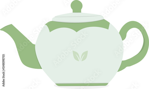 Flat Design Teapot with Leaf Motif. Classic Herbal Tea Kettle Icon. Minimalist Design. Cozy Green Tea Pot Vector Art.