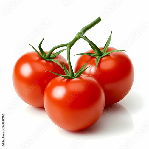 A trio of bright red cherry tomatoes with realistic reflections, still attached to their thin green vine, resting on a plain white backdrop