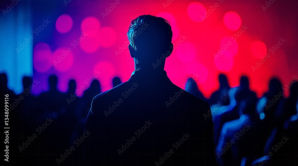 Silhouette of a speaker addressing an audience on stage Silhouette of a speaker addressing an audience on stage