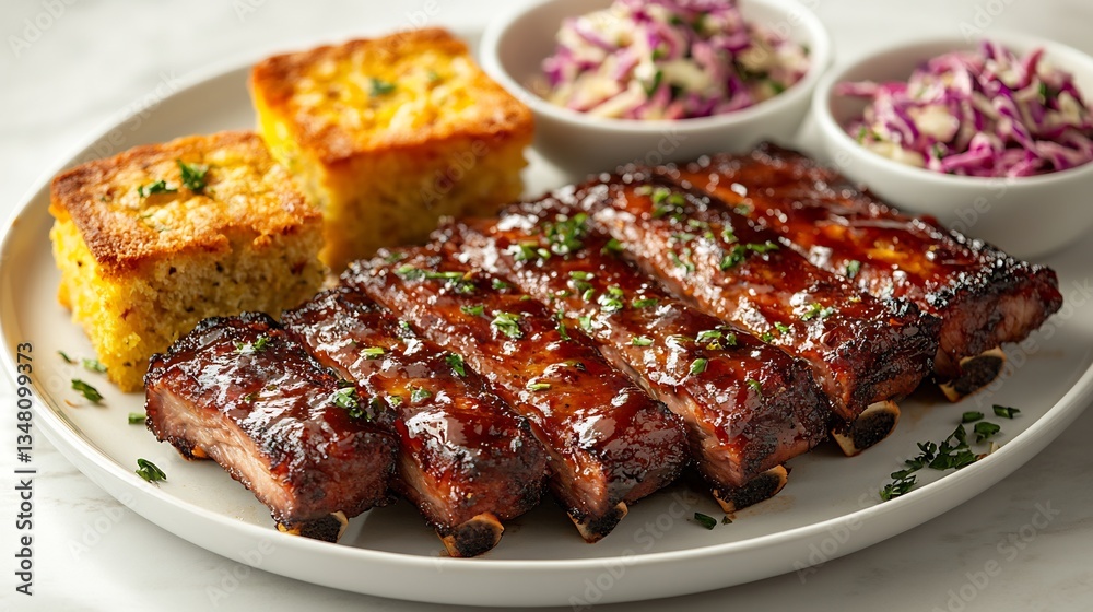 Barbecue ribs glazed smoky sauce served with cornbread and coleslaw isolated on a white background perfect for a traditional American dinner Barbecue ribs glazed smoky sauce served with cornbread and coleslaw isolated on a white background perfect for a traditional American dinner