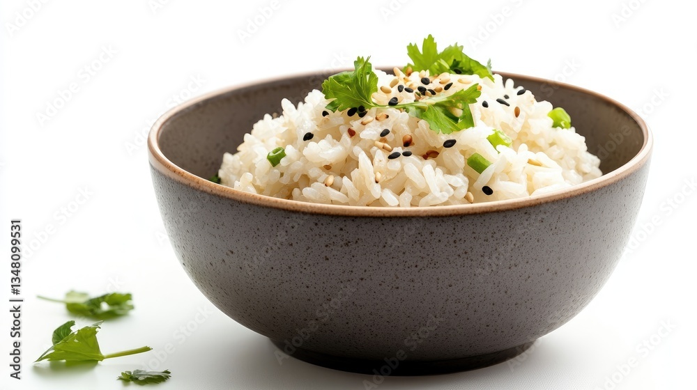 Bowl of seasoned rice, garnished, on white background Bowl of seasoned rice, garnished, on white background