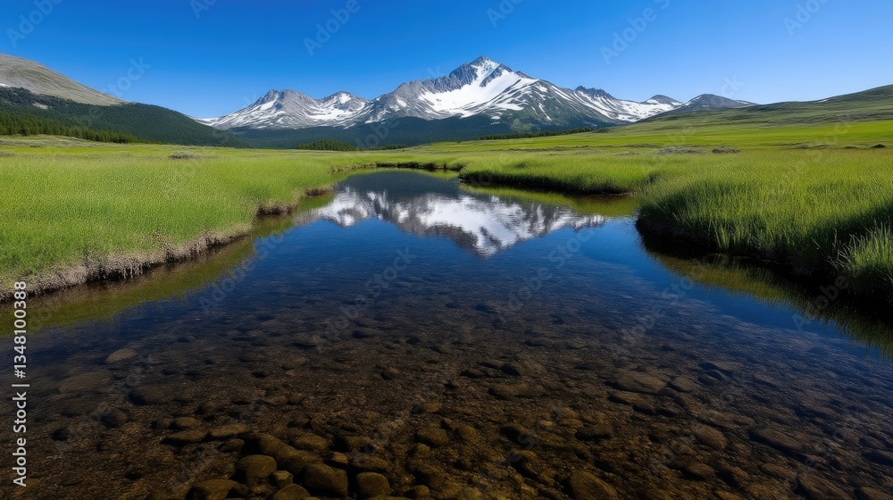Serene mountain reflection in a crystal-clear stream. A tranquil meadow with lush green grass surrounds the still water, mirroring the snow-capped peaks in the background Serene mountain reflection in a crystal-clear stream. A tranquil meadow with lush green grass surrounds the still water, mirroring the snow-capped peaks in the background