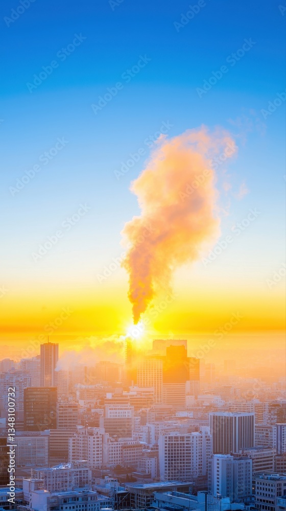 Obraz premium Plume of Smoke Rising from Urban Cityscape at Sunrise with Vibrant Orange and Yellow Hues Illuminating the Hazy Atmosphere of Dawn in City