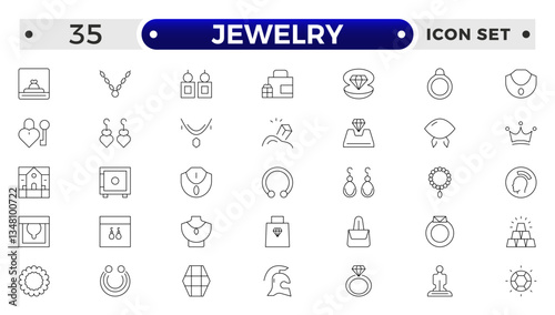 Jewelry icon set. Simple Set of Jewelry Related Vector Line Icons. Contains such Icons as Earrings, Body Crosses, and Engagement rings. Outline icon collection.
