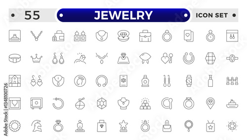 Jewelry icon set. Simple Set of Jewelry Related Vector Line Icons. Contains such Icons as Earrings, Body Crosses, and Engagement rings. Outline icon collection.