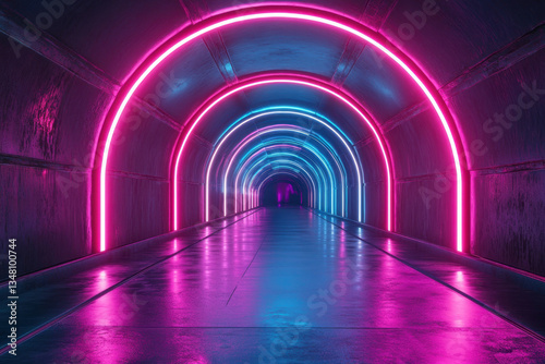 Vibrant neon lights illuminate a dark tunnel, creating an otherworldly and futuristic atmosphere.