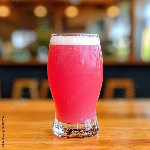 A vibrant pink beer with a creamy white head sits elegantly in a stemmed glass on a light wood surface surrounded by a softly blurred bar background