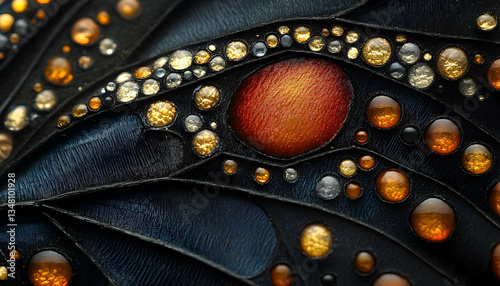 Close-up of intricate wing details; vibrant colors, textured surface, and tiny spherical elements