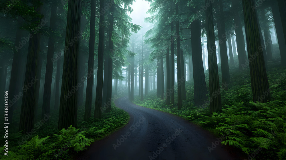 Obraz premium Misty Forest Path: A Dark Green Landscape