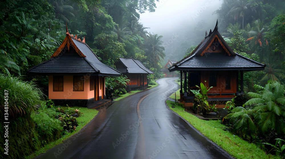 Misty Rainforest Road Leading to Traditional Houses Misty Rainforest Road Leading to Traditional Houses
