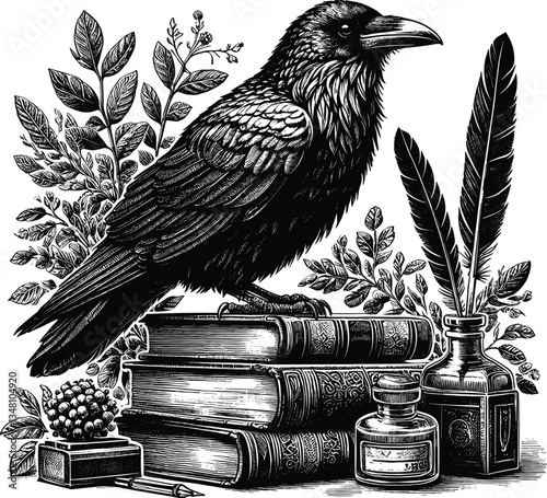 Raven on Books vector black silhouette cricut design for T-Shirt