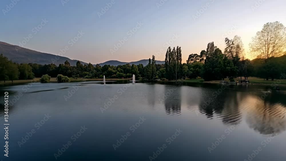 Tranquil lake view at sunset with fountains and surrounding trees in serene natural landscape