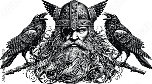 Odin Portrait with Ravens vector black silhouette cricut design for T-Shirt