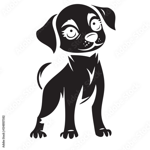 Cute and playful logo featuring cartoon dog with big expressive eyes and friendly stance. This design captures essence of joy and companionship in charming way