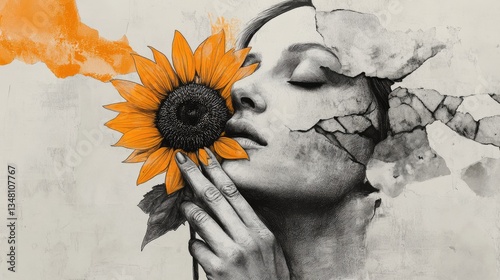 Woman with Sunflower and Broken Wall