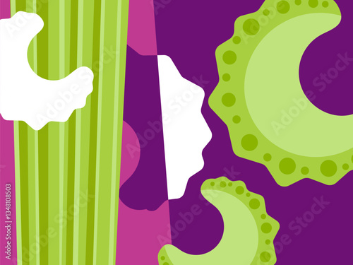Abstract vegetable design in flat cut out style. Celery stalks and cross sections. Modern minimalist vector illustration.

