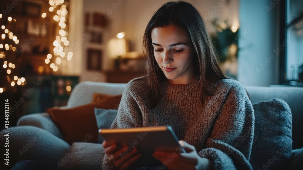 Cozy Evening: Woman Relaxing on Couch with Tablet Cozy Evening: Woman Relaxing on Couch with Tablet
