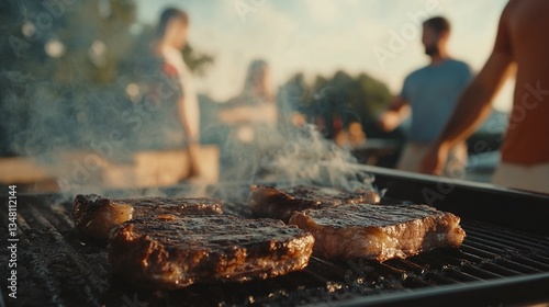 Juicy steaks grilling on a hot barbecue near gathering people