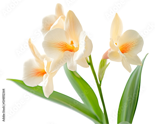 Closeup Image Of Pastel Peach Orchids With Green Leaves