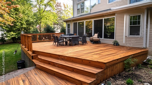 Newly stained wooden deck with steps, outdoor furniture, and a house in the background