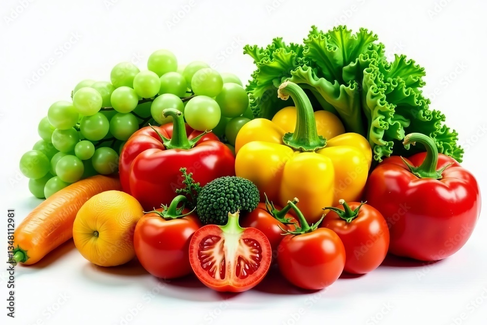 Fresh assortment of vibrant vegetables and fruits on white background, farm fresh, market, organic Fresh assortment of vibrant vegetables and fruits on white background, farm fresh, market, organic