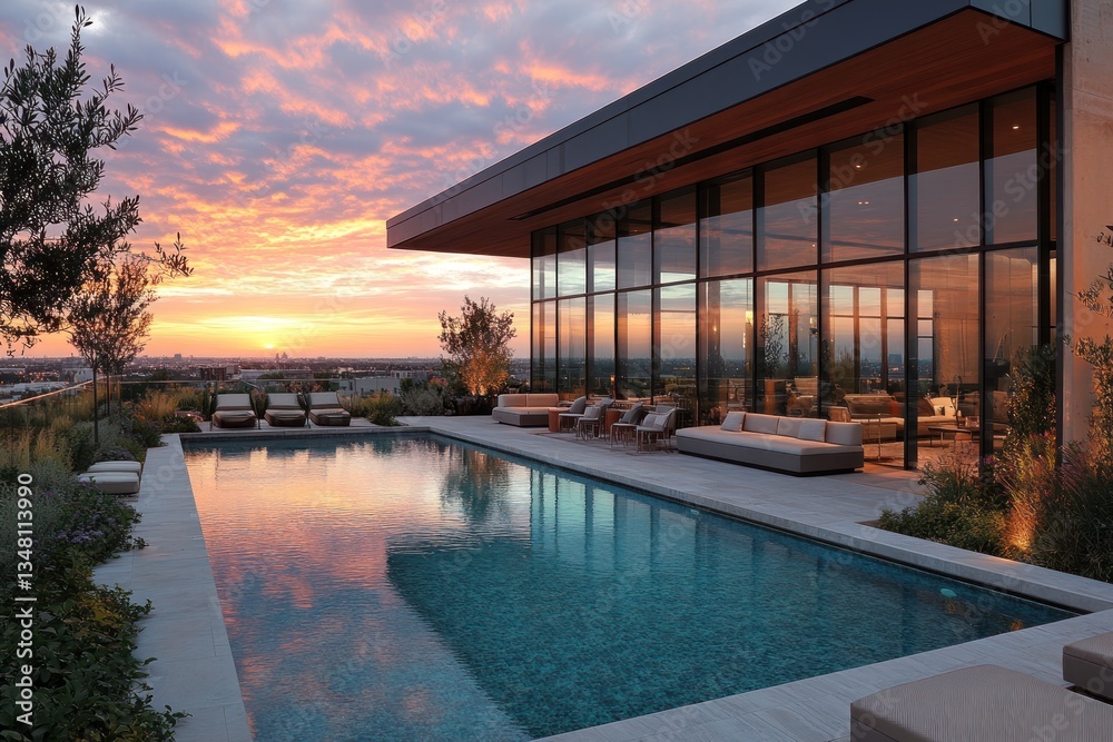 Luxurious Sunset Oasis: Modern Architectural Design with Infinity Pool, Glass Walls, and Stylish Lounge Area surrounded by Lush Greenery. Luxurious Sunset Oasis: Modern Architectural Design with Infinity Pool, Glass Walls, and Stylish Lounge Area surrounded by Lush Greenery.