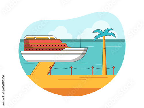 Cruise ship docked at the pier illustration. Yacht illustration. Flat vector illustration concept