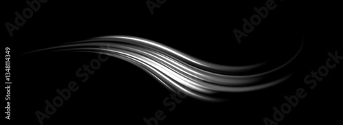 Grey wind lines element. Light gray curve speed effect. Air stream flow wavy motion trace. Wind blow wave concept. Swoosh and swirl stripe path design illustration. Vector gris swoosh background