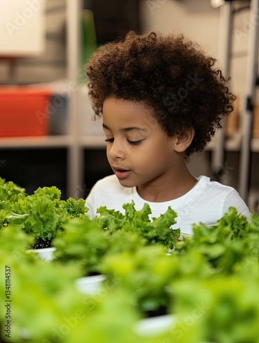 Child exploring indoor hydroponic lettuce garden.