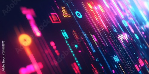 a neon lit building and stacks of coins