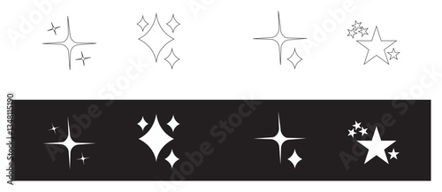 Black stars icon set, Different star shapes, Sparkle star icon, Vector illustration.