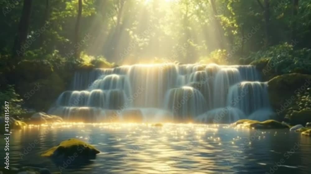 Waterfall with sunlight rays. Seamless looping 4K video background Waterfall with sunlight rays. Seamless looping 4K video background