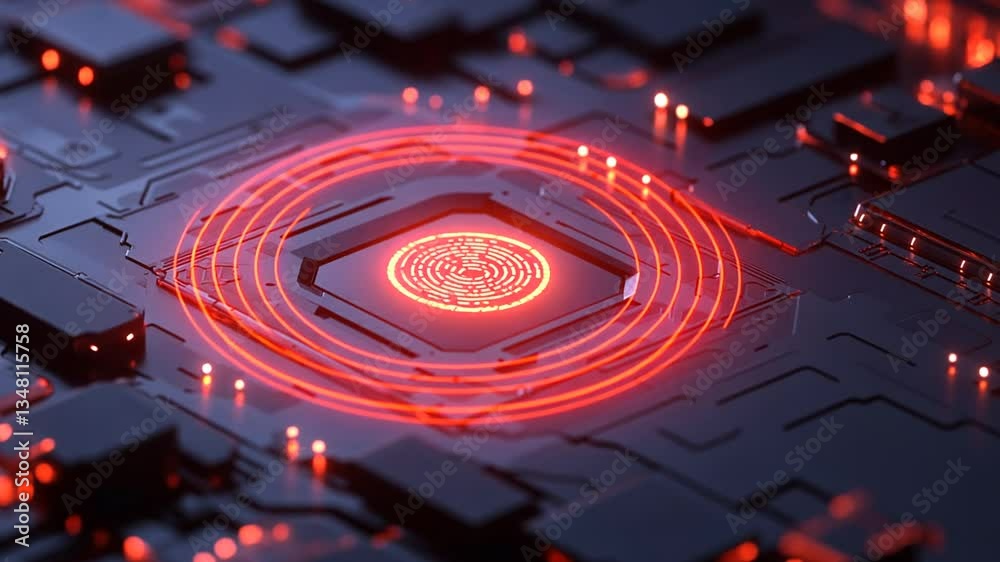 Futuristic CPU Core with Red Light Effects, Abstract Electronic Circuitry Visualization