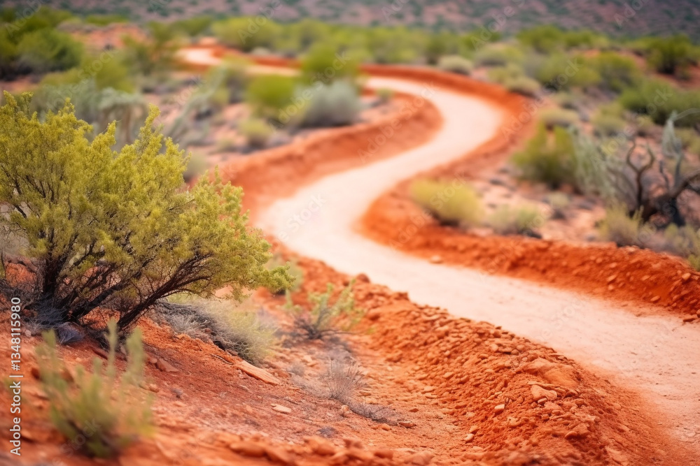 Fototapeta premium sinuous path of a parched riverbed, weaving its way amidst fiery red canyons and bursts of desert flora, encapsulates very soul of Arizona arid terrain
