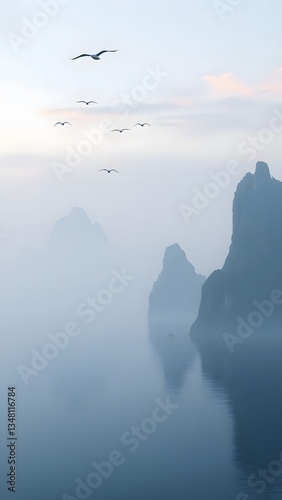Ethereal Misty Landscape with Seagulls