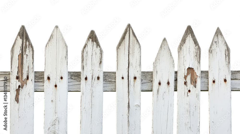 Fototapeta premium A classic old wooden picket fence with peeling white paint, showing signs of aging, isolated on a Transparent background, PNG file