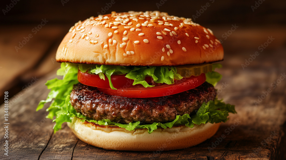 A classic hamburger with a sesame seed bun, fresh lettuce, sliced tomatoes, and what appears to be a beef patty. It is placed on a rustic wooden surface, giving it a homemade or artisanal feel A classic hamburger with a sesame seed bun, fresh lettuce, sliced tomatoes, and what appears to be a beef patty. It is placed on a rustic wooden surface, giving it a homemade or artisanal feel