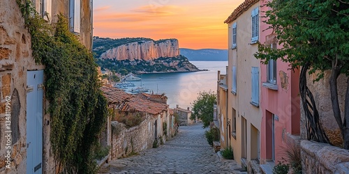 Fototapeta Naklejka Na Ścianę i Meble -  Picturesque street leading to the sea in cassis at sunset, france