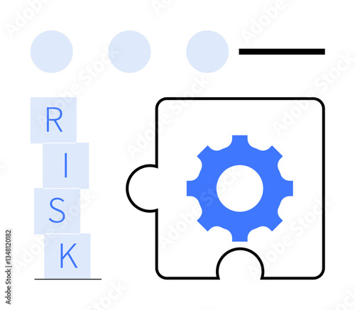 Gear within puzzle piece next to stacked RISK blocks and circular icons. Ideal for teamwork, strategy, challenges, planning, innovation, problem-solving, abstract line flat metaphor