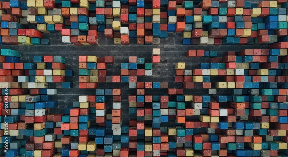 Fototapeta premium Aerial View of Vibrant Cargo Containers at Shipping Port, Enhancing Global Trade Efficiency and Logistical Management.