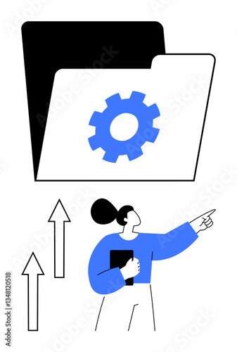Folder with gear icon above a professional pointing upward near arrows. Ideal for teamwork, productivity, growth, efficiency, organization, project management, process setup. Flat simple metaphor